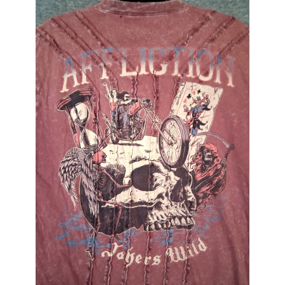 Affliction Adult Shirt L Red Jokers Wild Skull Grunge Skater Faded Distressed